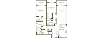 A floor plan of a house with two bedrooms, a living room, a kitchen, a bathroom, and a balcony.