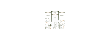 A floor plan of a house with a kitchen, living room, and two bedrooms.
