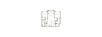 A floor plan of a house with two bedrooms, a living room, a kitchen, and a bathroom.