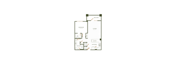 A floor plan of a house with a bedroom, living room, kitchen, and bathroom.