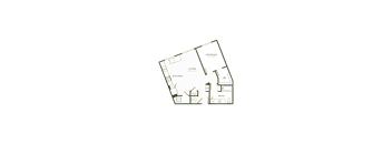 A floor plan of a house with a bedroom, living room, kitchen, dining room, bathroom, and two entrances.