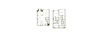 A floor plan of a two bedroom apartment with a living room and a kitchen.