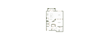 A floor plan of a house with a balcony, bedroom, bathroom, and kitchen.