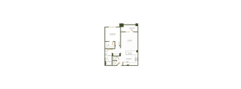 A floor plan of a house with a bedroom, living room, and kitchen.