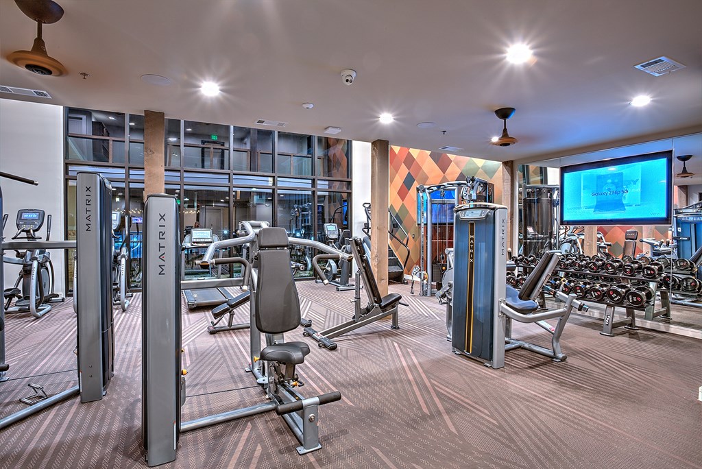 Gym with a variety of equipment including a squat rack, bench press, and a television at Edge and Stone, Texas, 78260