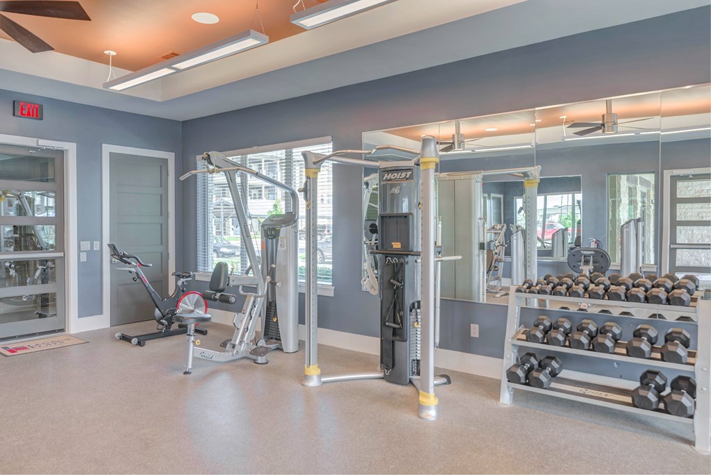 A gym with a variety of equipment including a treadmill, weights, and a squat rack.