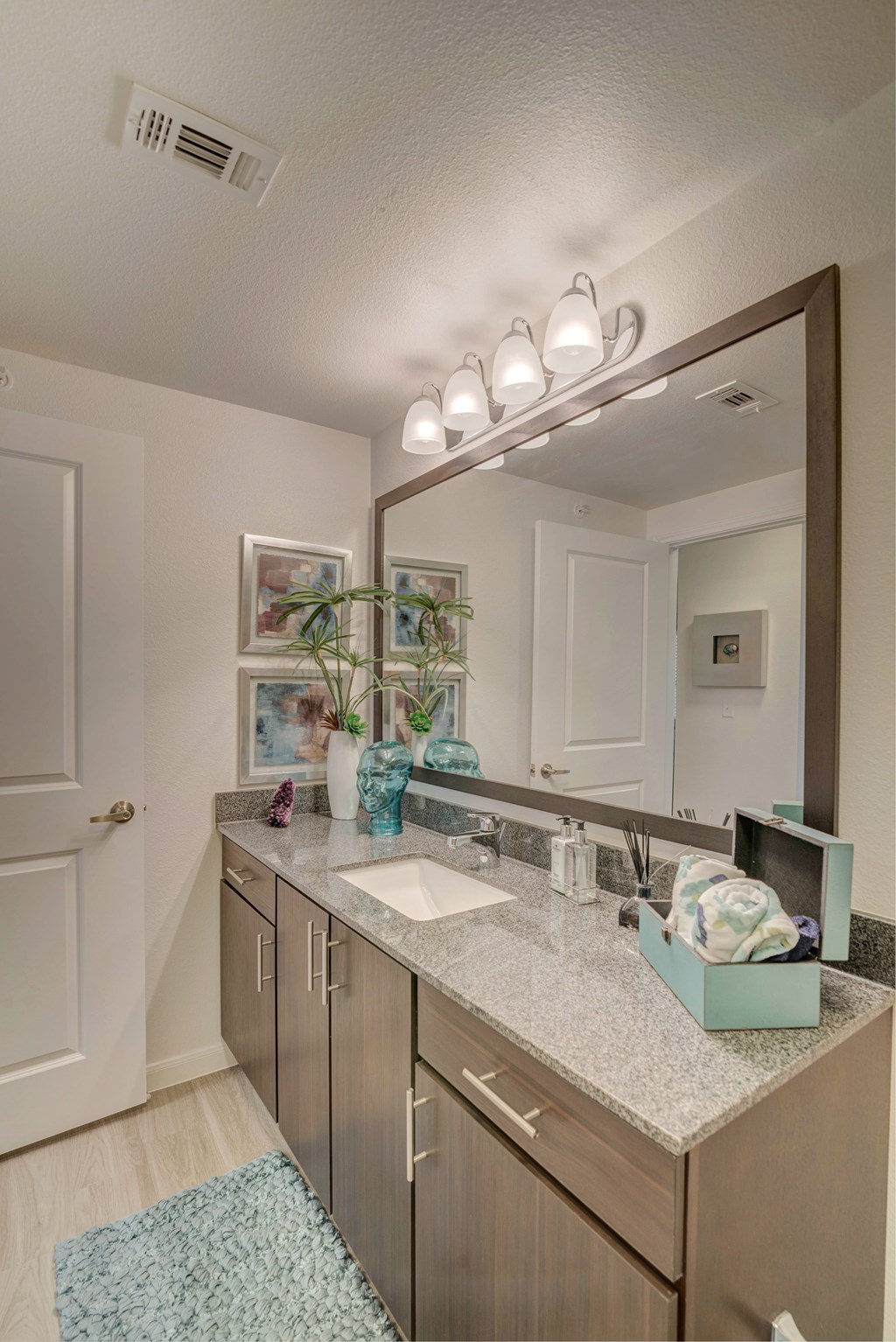 A bathroom with a vanity, mirror, and a plant.