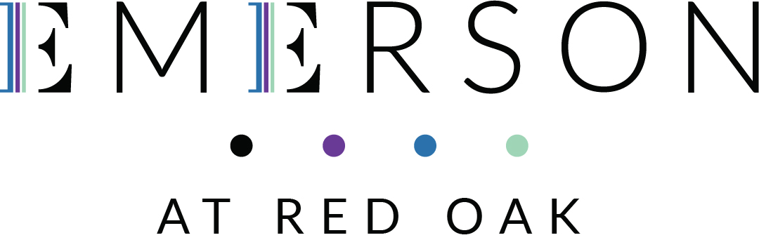 The image features the text "EMERSON AT RED OAK" with a series of colored dots below it.