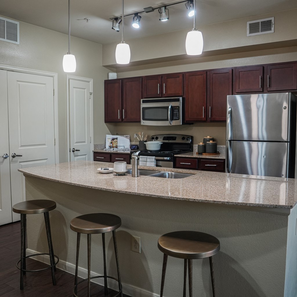 a kitchen with a granite counter top and stainless steel appliances at Platinum Castle Hills, Lewisville, Texas