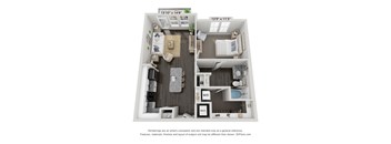 A floor plan of a two-bedroom apartment with a living room, kitchen, and bathroom.