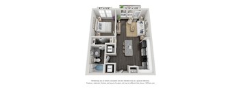 A 3D floor plan of a small apartment with a kitchen, living room, and bathroom.