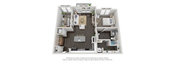 A 3D floor plan of a small apartment with a living room, kitchen, and bedroom.