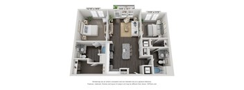 A 3D floor plan of a two-bedroom apartment with a living room, kitchen, and bathroom.