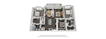 A 3D floor plan of a small apartment with a kitchen, living room, and two bedrooms.