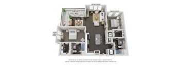A 3D floor plan of a house with a kitchen, living room, and two bedrooms.