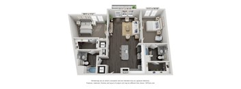 A 3D floor plan of a small apartment with a kitchen, living room, and two bedrooms.