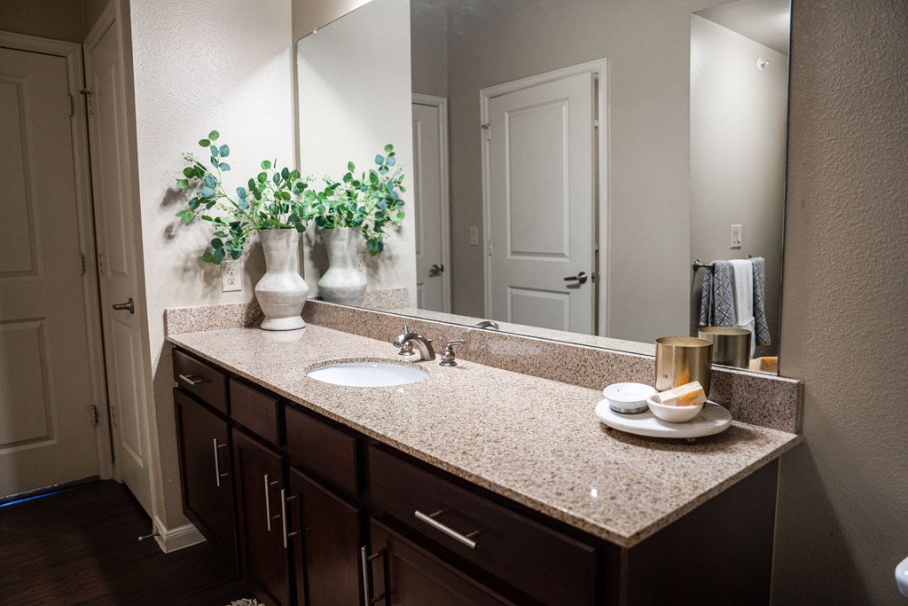 an empty bathroom with a sink and a mirror at Platinum Castle Hills, Lewisville