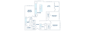A blueprint of a building with labeled rooms and corridors at The Preserve at Preston Trails Apartments, Cedar Hill, TX, 75104
