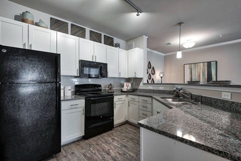 a kitchen with granite counter tops and black appliances a kitchen with granite counter tops and black appliances at Sterling Creek, Georgia