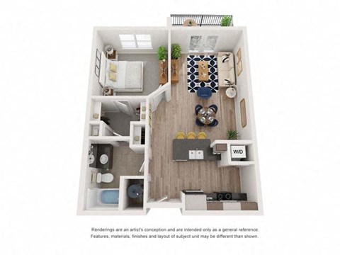 A1A_1b1b_711sqft_3D Floor Plan at Hudson at Renaissance Apartments, Wilmington