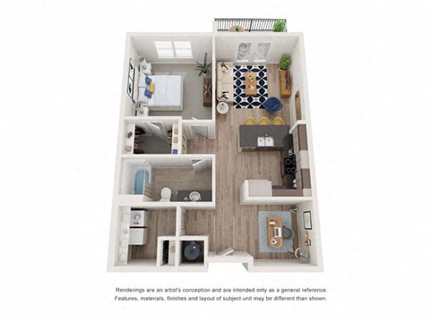 A1F_1b1b_781sqft_3D Floor Plan at Hudson at Renaissance Apartments, North Carolina