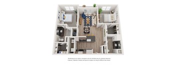 B2A_2b2b_1020sqft_3D Floor Plan at Hudson at Renaissance Apartments, Wilmington 28405