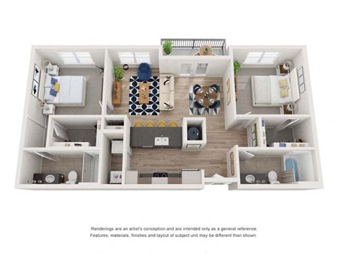 B2C_2b2b_1027sqft_3D Floor Plan at Hudson at Renaissance Apartments, Wilmington, NC
