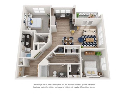 B2D_2b2b_1159sqft_3D Floor Plan at Hudson at Renaissance Apartments, Wilmington, North Carolina