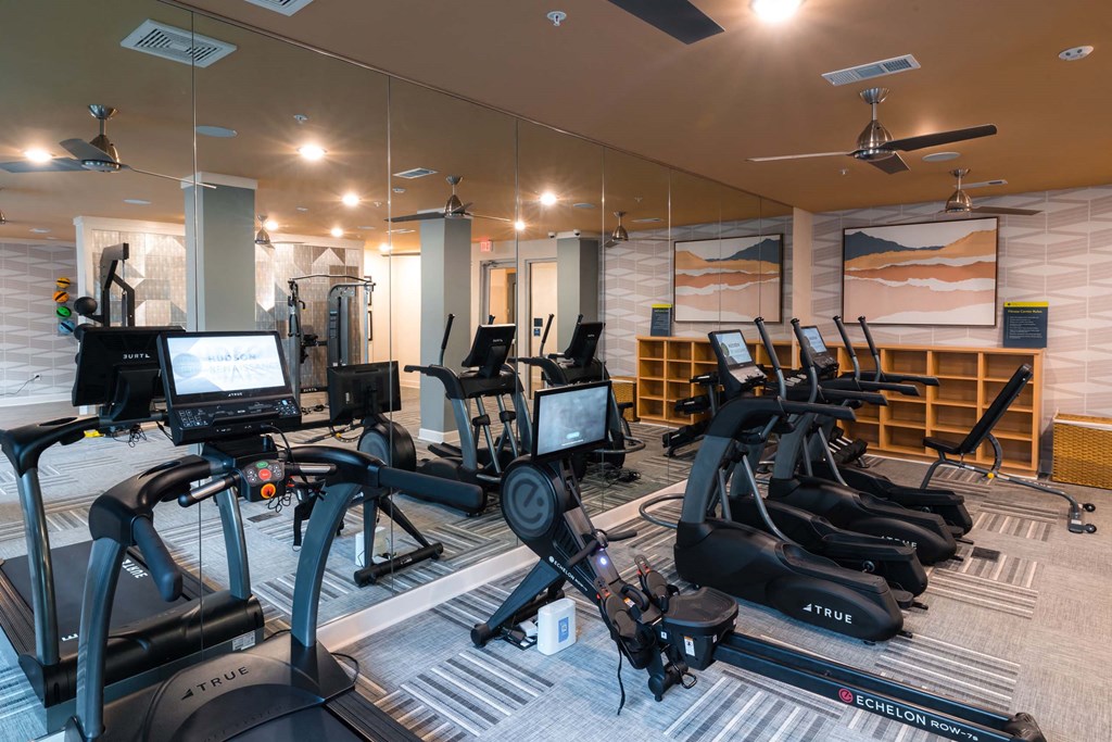 A gym with a variety of exercise equipment including treadmills and stationary bikes at Hudson at Renaissance Apartments, Wilmington, NC 28405