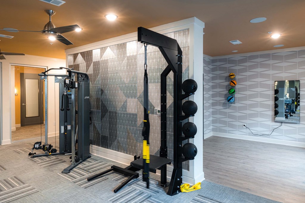 A home gym with a squat rack, weights, and a mirror at Hudson at Renaissance Apartments, Wilmington, NC
