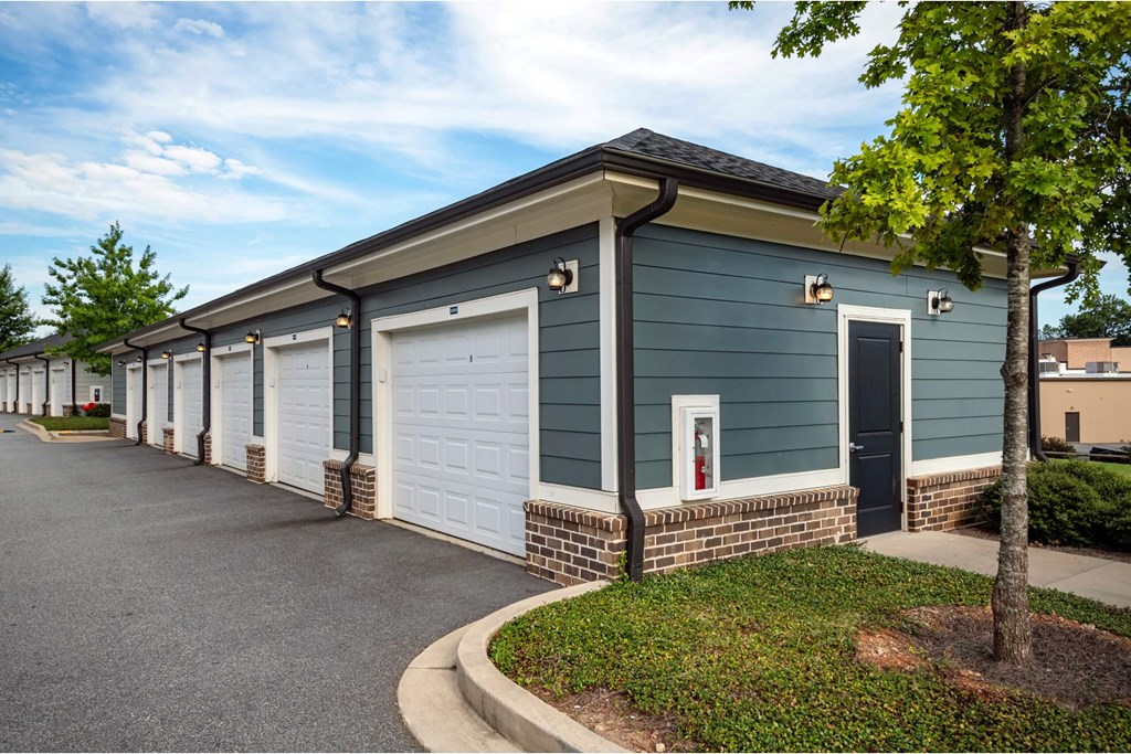 A row of garages at Waterleaf at Neely Ferry Apartments, Simpsonville, South Carolina