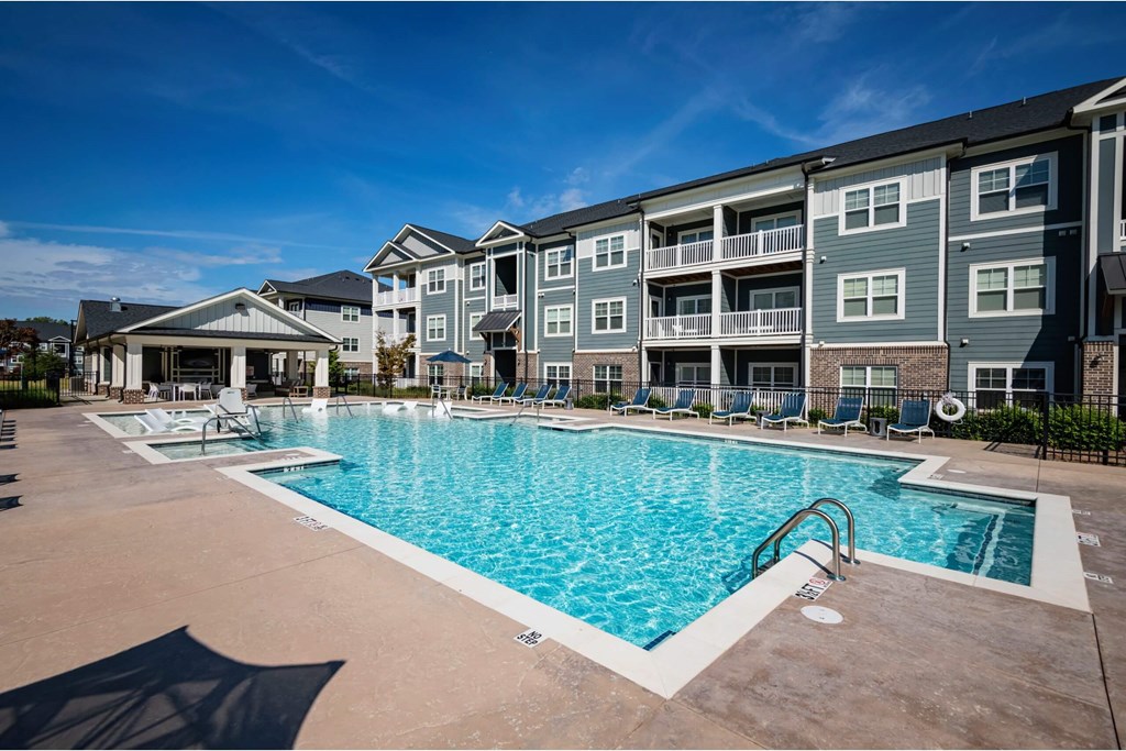 A large swimming pool at Waterleaf at Neely Ferry Apartments, Simpsonville, SC 29680