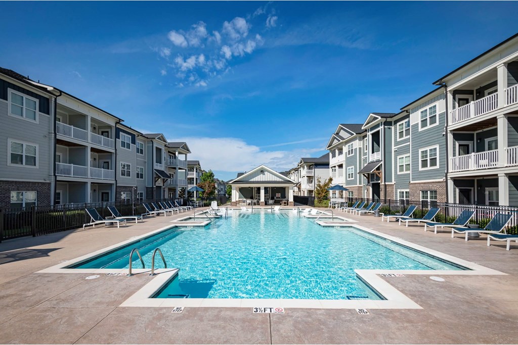 A large swimming pool in front of apartment at Waterleaf at Neely Ferry Apartments, Simpsonville