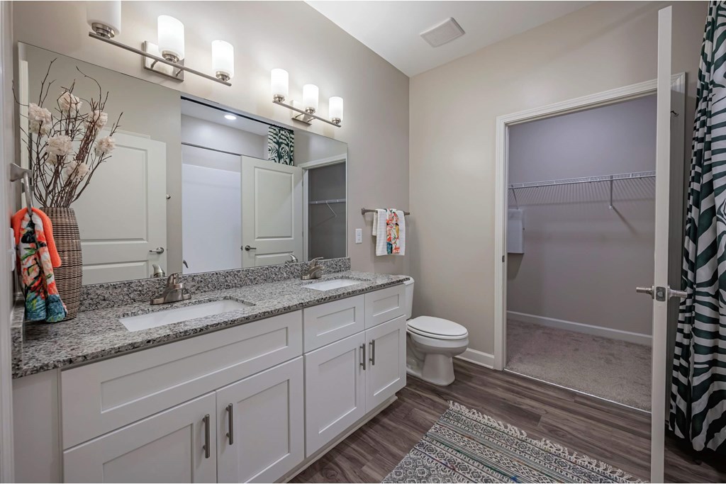 A bathroom with a toilet, sink, and mirror at Waterleaf at Neely Ferry Apartments, Simpsonville, SC 29680