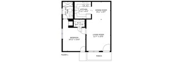 A black and white floor plan of a house with a porch.
