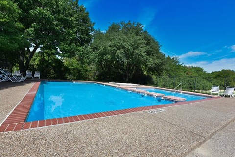 A large outdoor swimming pool surrounded by trees and lounge chairs.