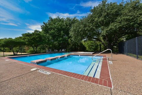 A pool surrounded by trees and a fence.