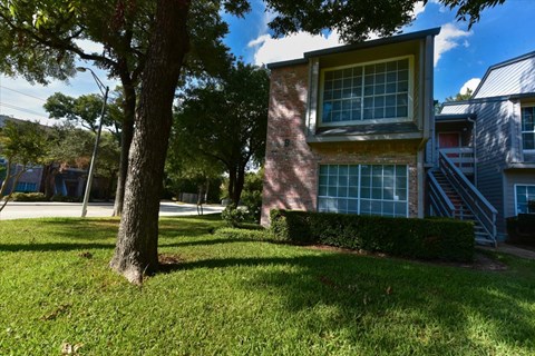 A tree is in front of a house.