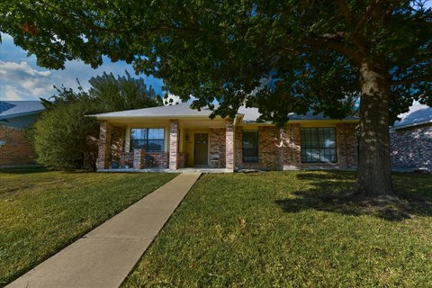 A house with a brown brick exterior and a large tree in front.