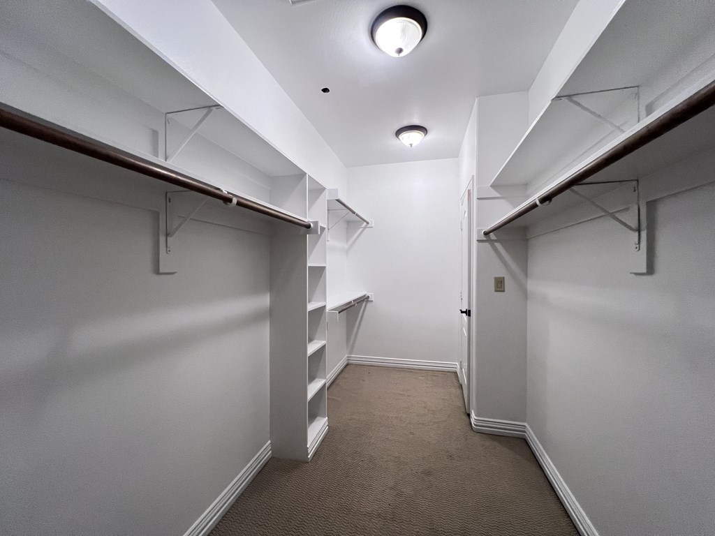 A hallway with white walls and a carpeted floor.