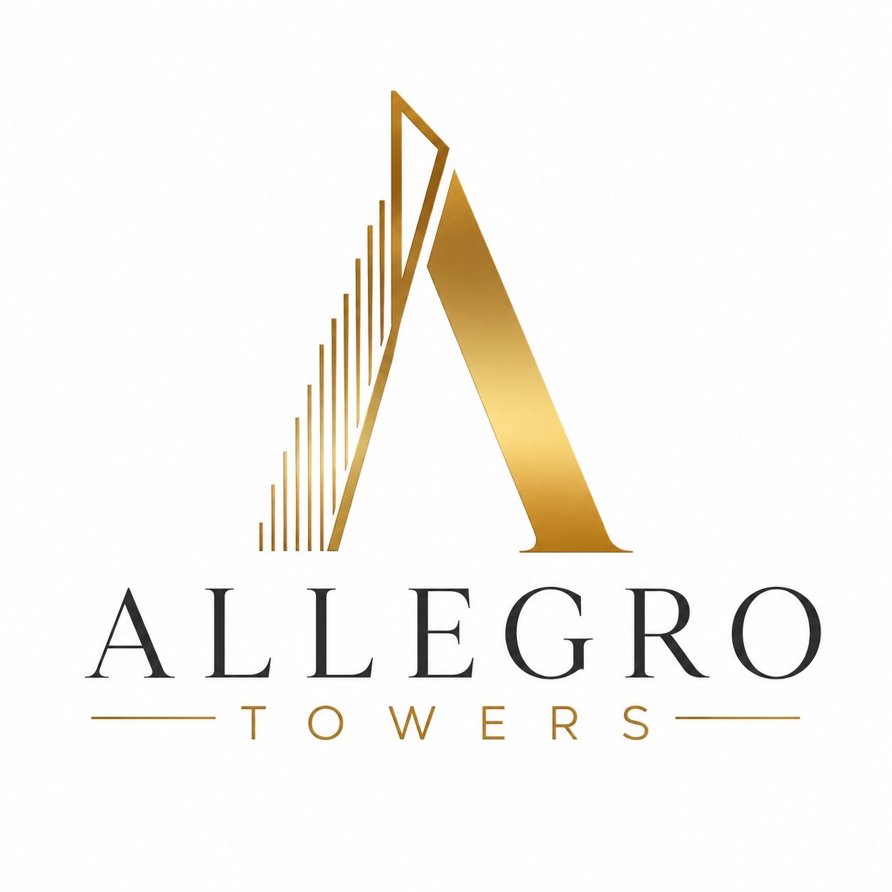 A logo with a gold triangle and the words "Allegro Towers" in black.