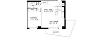 A floor plan of a home with a living room, dining room, kitchen, bedroom and balcony.