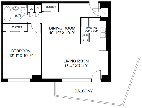 A floor plan of a home with a living room, dining room, kitchen, bedroom and balcony.