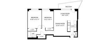 A black and white image of a floor plan for a home with a balcony, two bedrooms, a dining room, a living room, and a kitchen.