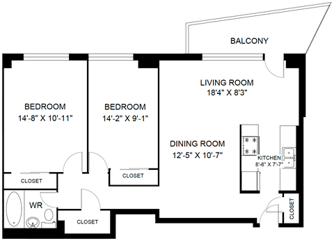 A black and white image of a floor plan for a home with a balcony, two bedrooms, a dining room, a living room, and a kitchen.