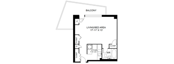 A black and white image of a floor plan for a living area, kitchen, and closet.