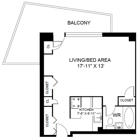 A black and white image of a floor plan for a living area, kitchen, and closet.