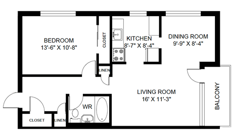 A black and white image of a floor plan for a home with a bedroom, kitchen, dining room, living room, and balcony.