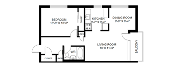 A black and white image of a floor plan for a home with a bedroom, living room, kitchen, dining room, and bathroom.
