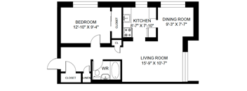 A black and white image of a floor plan for a home with a bedroom, kitchen, dining room, and living room.